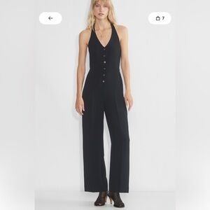 Black Upscale Halter Wide-Leg Jumpsuit with Button Front